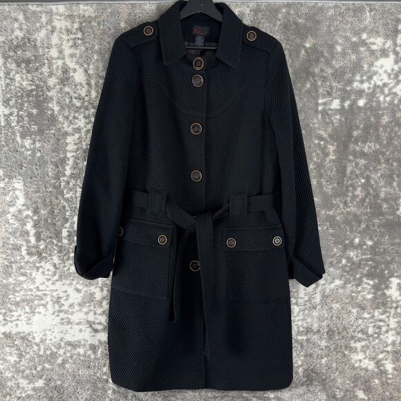 Via Size 12 Wool Blend Button Trench Coat Black Tie Collar Long Sleeve Outdoor - Picture 1 of 8